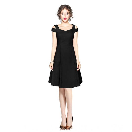 Generic Women's Polyester Solid V Neck Cap Sleeve off Shoulder Dress (Black)