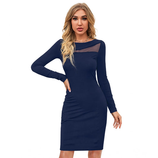 Generic Women's Knitting stretchable Solid Round Neck Full Sleeve Dress (Blue )