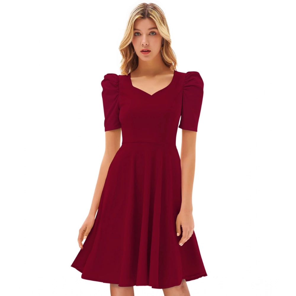 Generic Women's Knitting stretchable Solid V Neck Cap Sleeve Dress (Maroon)