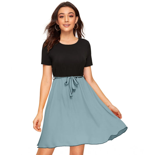 Generic Women's Knitting stretchable Solid Round Neck Cap Sleeve Dress (Pista)