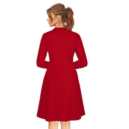 Generic Women's Knitting stretchable Solid Round Neck Full Sleeve Dress (Red)