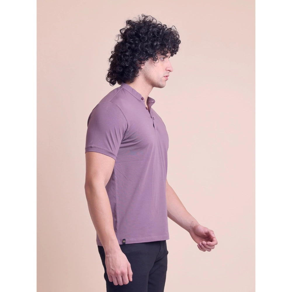Generic Men's Casual Cotton Solid Half Sleeve Mandarin Collar T-Shirt (Berry)