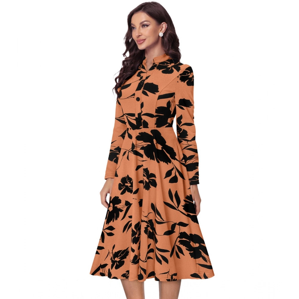 Generic Women's Knitting Printed V-Neck Full Sleeve Dress (Orange)