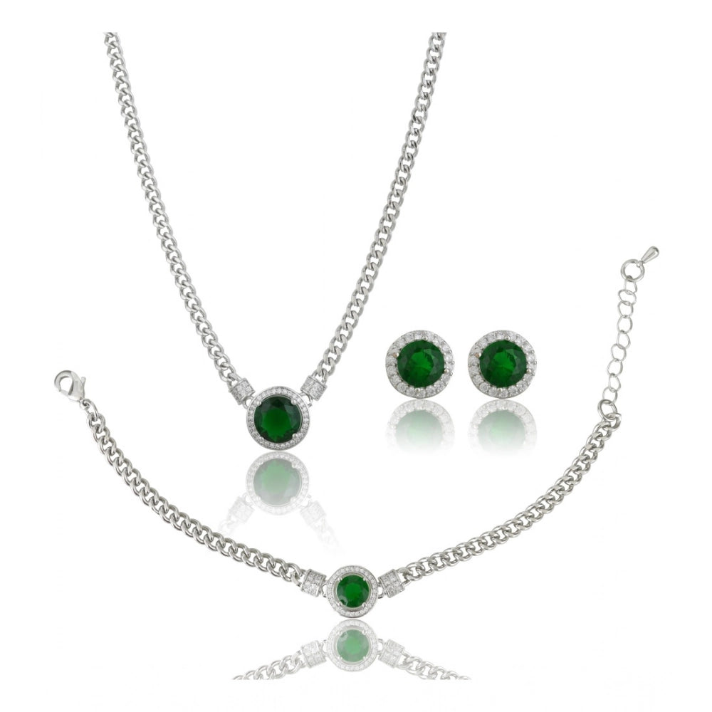 Generic Women's Stainless Steel Green Color Silver Chain Western Combo Jewelry (Silver Plated)