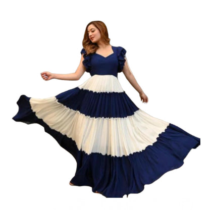 Generic Women's Georgette Solid Half Sleeve Gown (Blue-White)