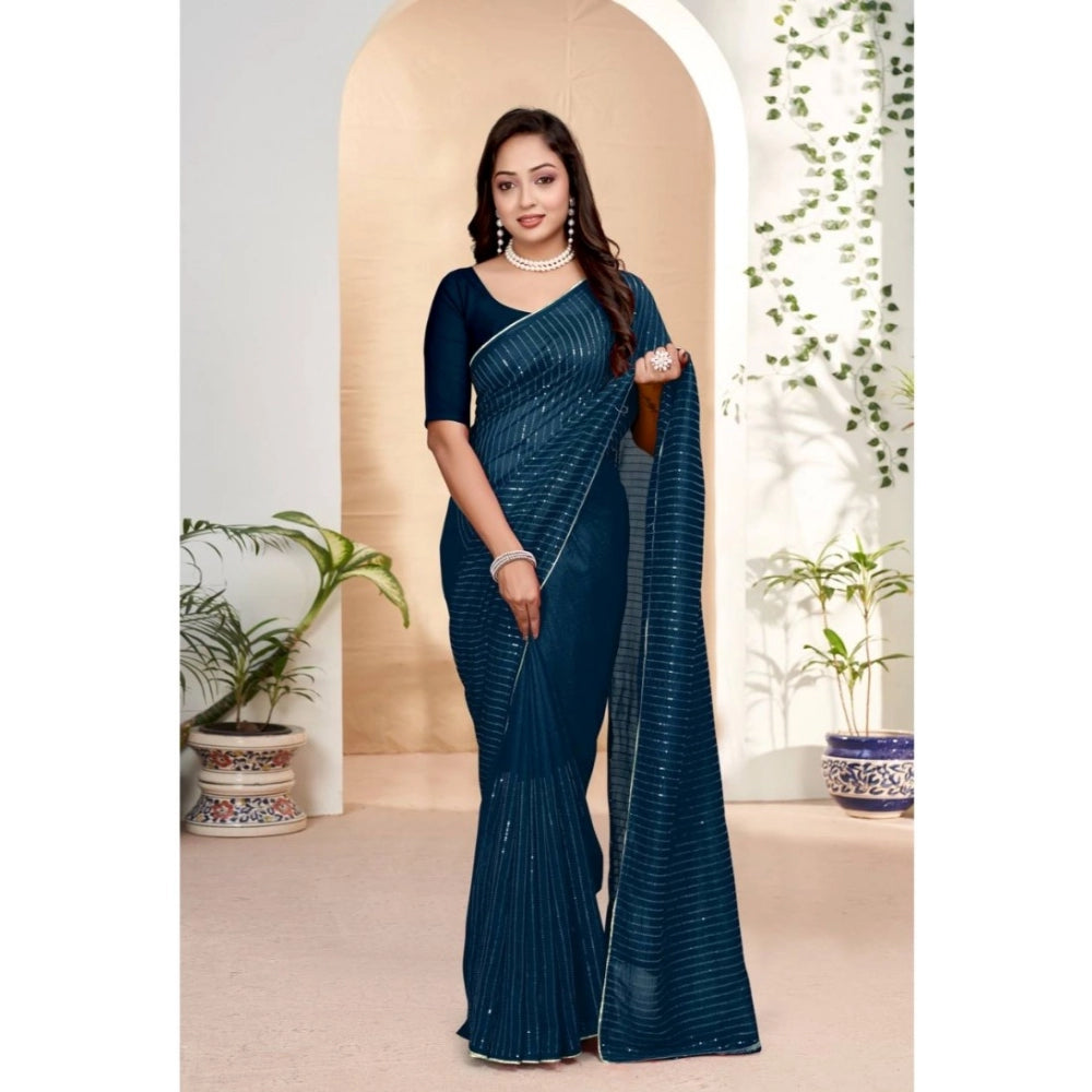 Generic Women's Vichitra Silk Striped Saree With Unstitched Blouse 5.5Mtr (Blue)