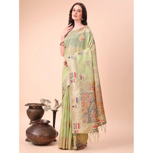 Generic Women's Linen Cotton Printed Saree With Unstitched Blouse 5.5Mtr (Light Green)