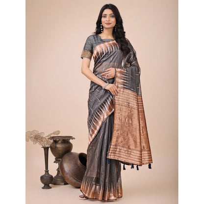 Generic Women's Linen Cotton Printed Saree With Unstitched Blouse 5.5Mtr (Grey)