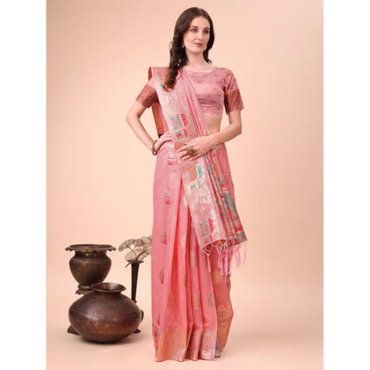 Generic Women's Linen Cotton Printed Saree With Unstitched Blouse 5.5Mtr (Pink)