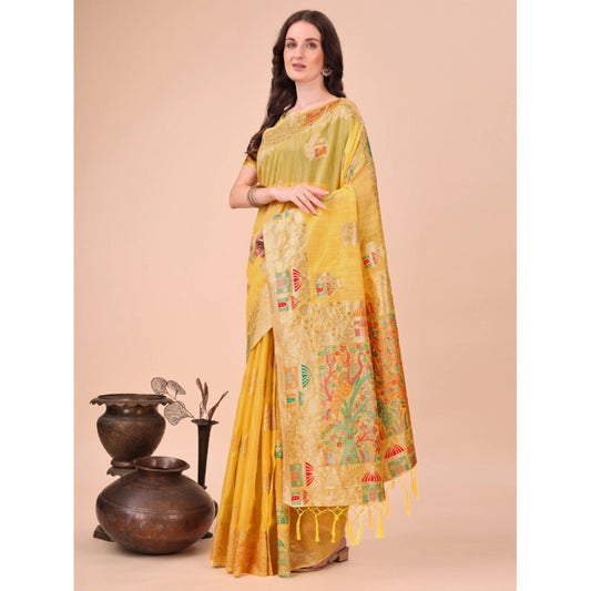 Generic Women's Linen Cotton Printed Saree With Unstitched Blouse 5.5Mtr (Yellow)