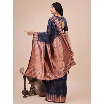 Generic Women's Linen Cotton Printed Saree With Unstitched Blouse 5.5Mtr (Navy Blue)