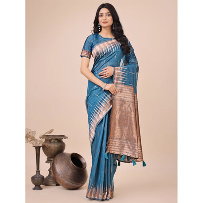 Generic Women's Linen Cotton Printed Saree With Unstitched Blouse 5.5Mtr (Blue)