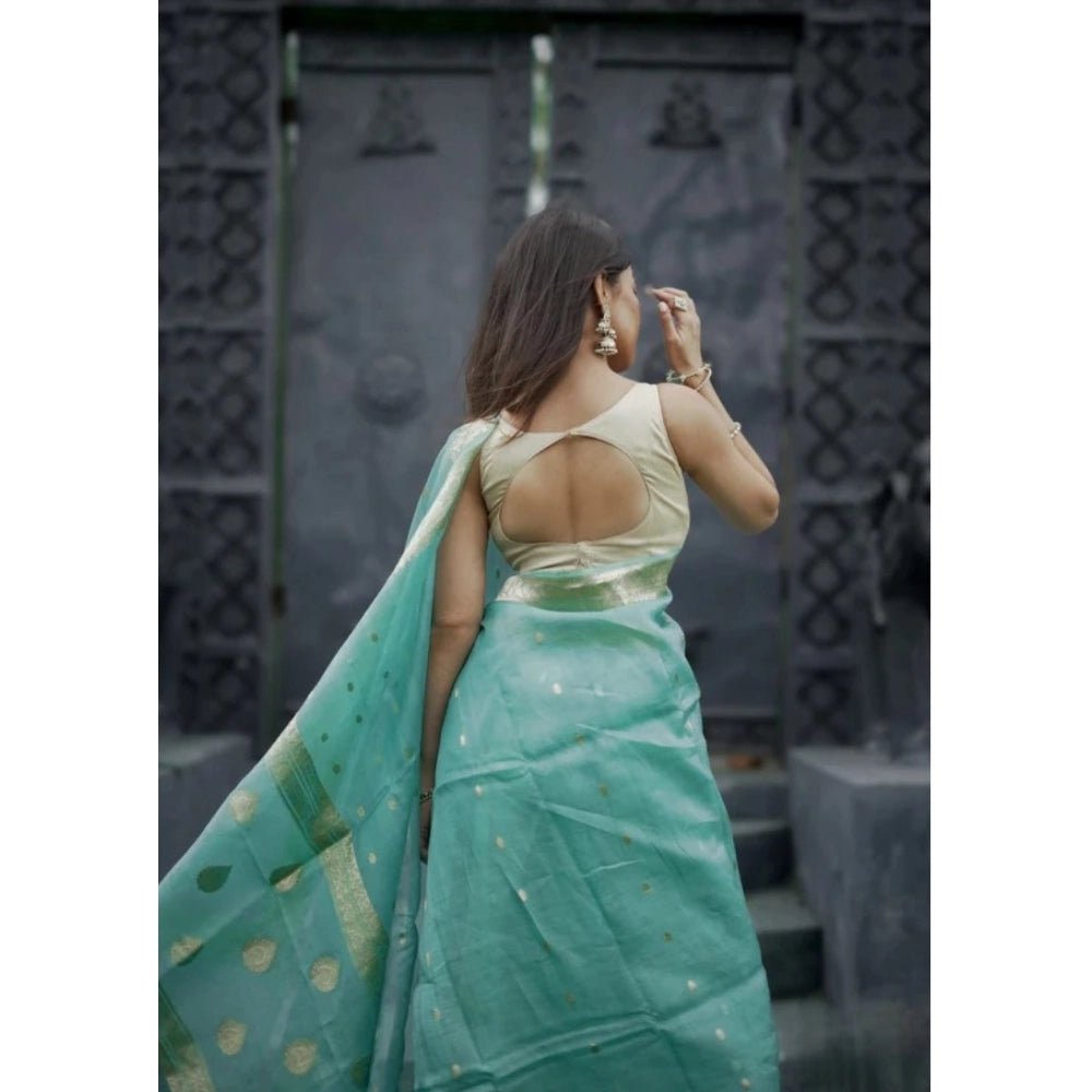 Generic Women's Cotton  Printed Saree With Unstitched Blouse 5.5Mtr (Sky)