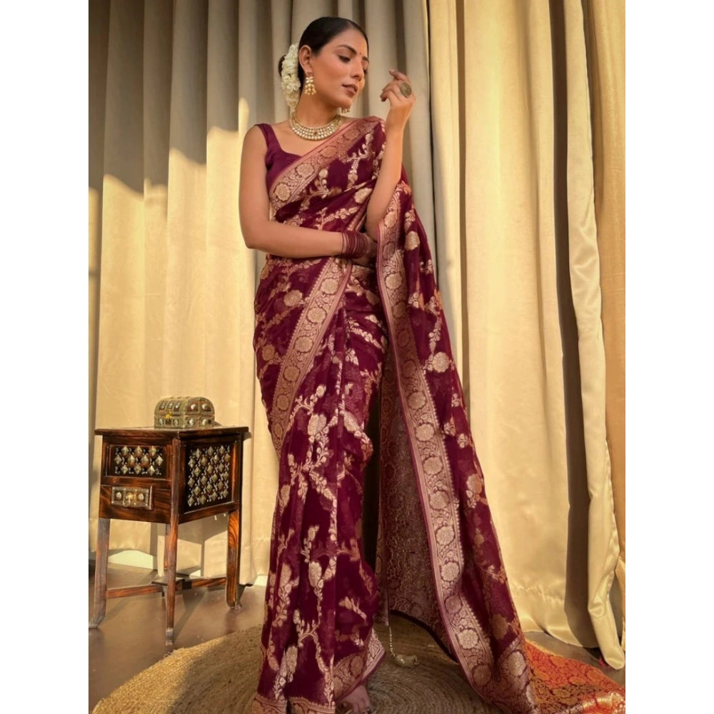Generic Women's Silk Printed Saree With Unstitched Blouse 5.5Mtr (Maroon)