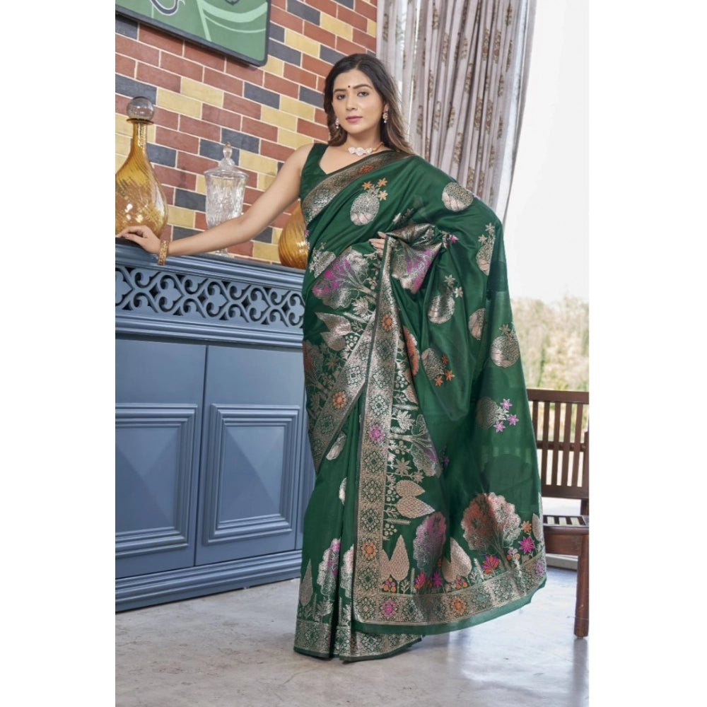 Generic Women's Silk Printed Saree With Unstitched Blouse 5.5Mtr (Green)