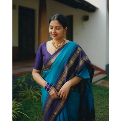 Generic Women's Silk Printed Saree With Unstitched Blouse 5.5Mtr (Blue)