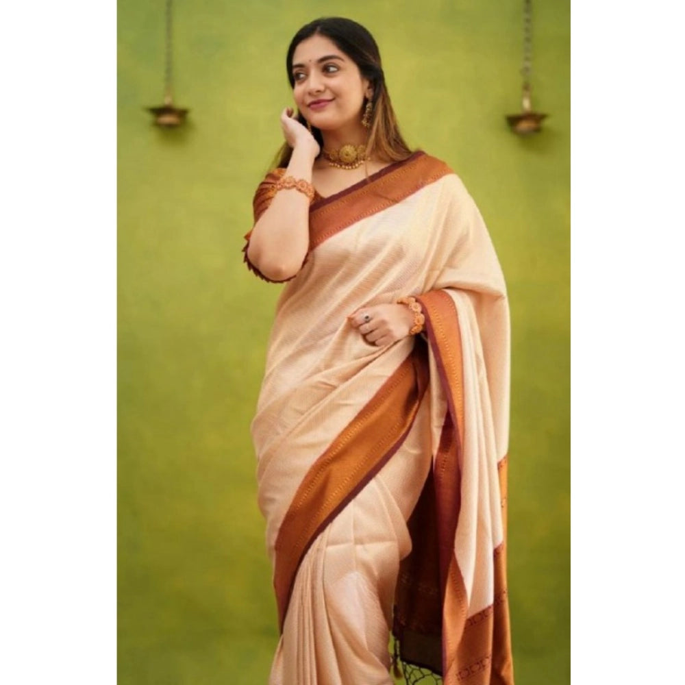 Generic Women's Silk Printed Saree With Unstitched Blouse 5.5Mtr (Cream)