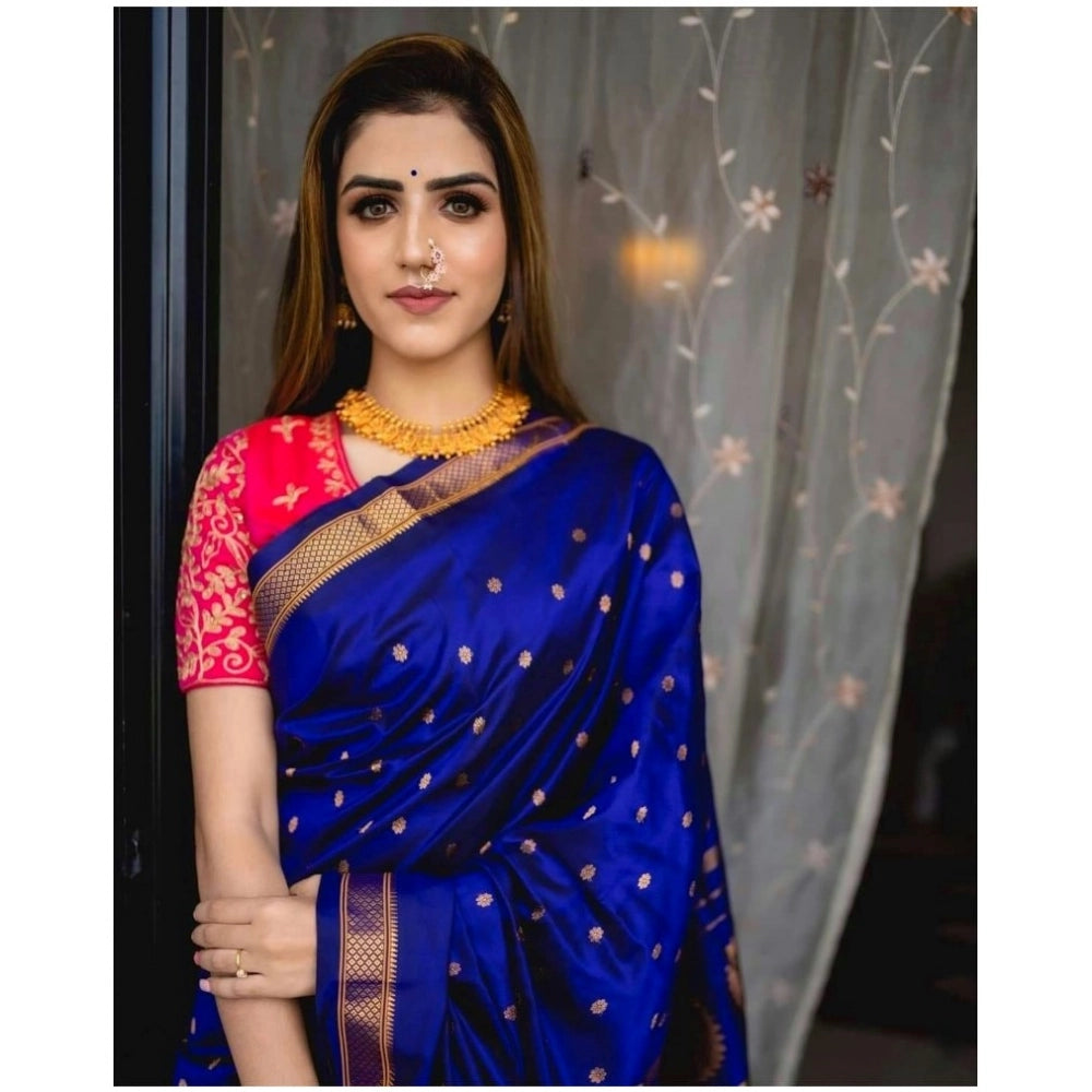 Generic Women's Silk Printed Saree With Unstitched Blouse 5.5Mtr (Blue)