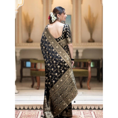Generic Women's Silk Printed Saree With Unstitched Blouse 5.5Mtr (Black)
