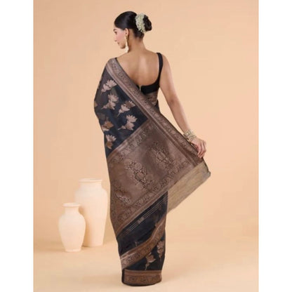 Generic Women's Silk Printed Saree With Unstitched Blouse 5.5Mtr (Black)