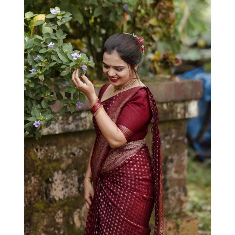 Generic Women's Silk Printed Saree With Unstitched Blouse 5.5Mtr (Maroon)