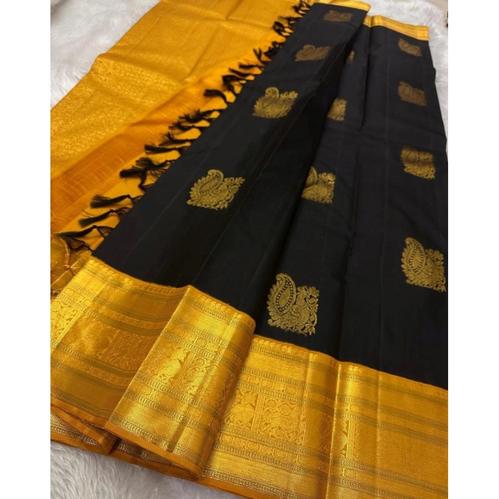 Generic Women's Silk Printed Saree With Unstitched Blouse 5.5Mtr (Black)