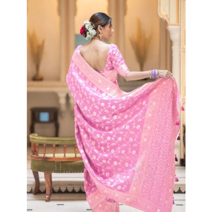Generic Women's Silk Printed Saree With Unstitched Blouse 5.5Mtr (Pink)