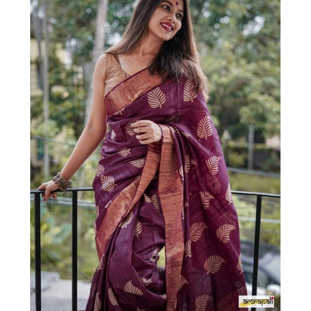 Generic Women's Silk Printed Saree With Unstitched Blouse 5.5Mtr (Purple)