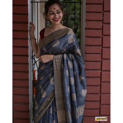 Generic Women's Silk Printed Saree With Unstitched Blouse 5.5Mtr (Grey)