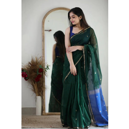 Generic Women's Cotton  Printed Saree With Unstitched Blouse 5.5Mtr (Green)