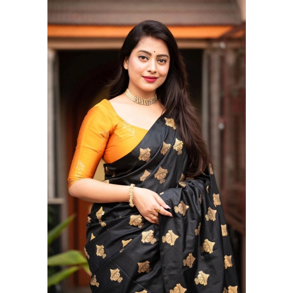 Generic Women's Silk Printed Saree With Unstitched Blouse 5.5Mtr (Yellow)