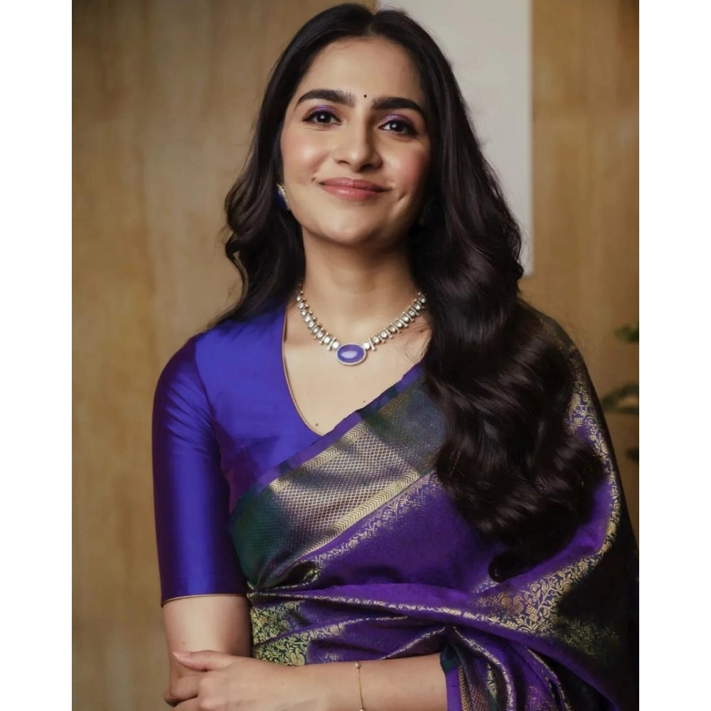 Generic Women's Silk Printed Saree With Unstitched Blouse 5.5Mtr (Purple)