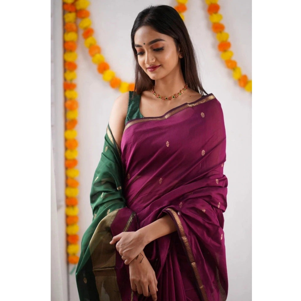 Generic Women's Cotton  Printed Saree With Unstitched Blouse 5.5Mtr (Wine)