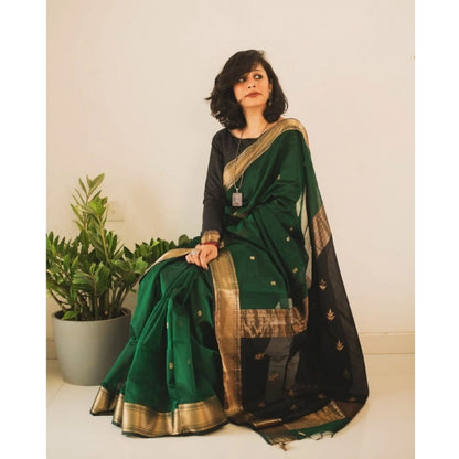 Generic Women's Silk Printed Saree With Unstitched Blouse 5.5Mtr (Dark Green)
