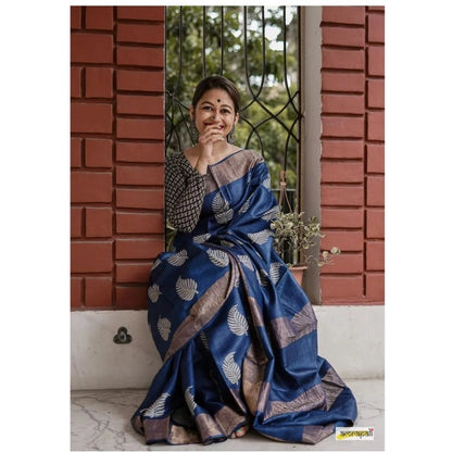 Generic Women's Silk Printed Saree With Unstitched Blouse 5.5Mtr (Navy Blue)