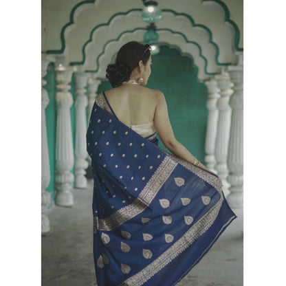 Generic Women's Cotton  Printed Saree With Unstitched Blouse 5.5Mtr (Navy Blue)
