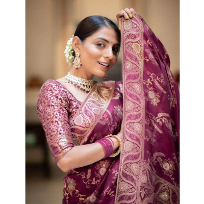 Generic Women's Silk Printed Saree With Unstitched Blouse 5.5Mtr (Wine)