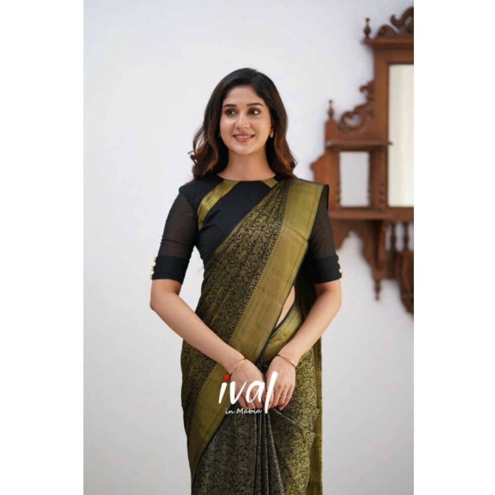 Generic Women's Silk Printed Saree With Unstitched Blouse 5.5Mtr (Black)