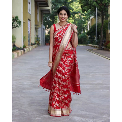 Generic Women's Silk Printed Saree With Unstitched Blouse 5.5Mtr (White)