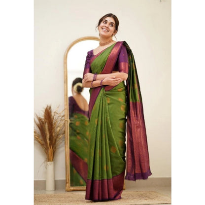 Generic Women's Silk Printed Saree With Unstitched Blouse 5.5Mtr (Green)