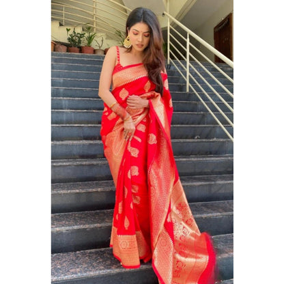 Generic Women's Silk Printed Saree With Unstitched Blouse 5.5Mtr (Red)