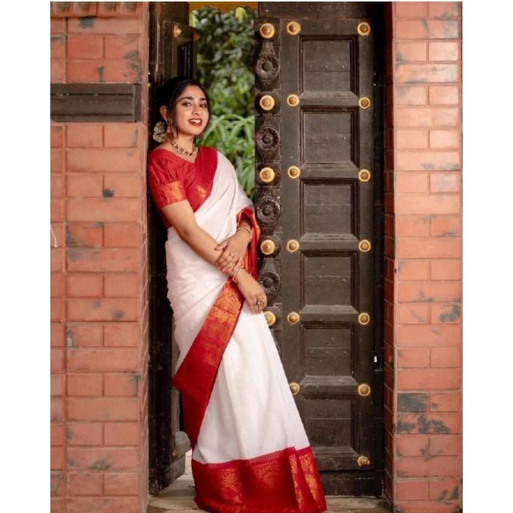 Generic Women's Silk Printed Saree With Unstitched Blouse 5.5Mtr (White)