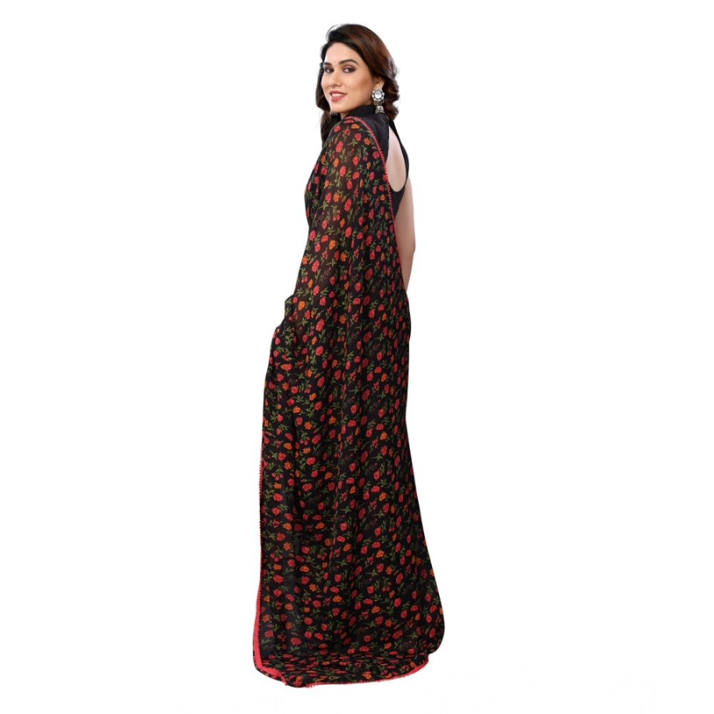 Generic Women's Small Lace Georgette Printed Ready-to-Wear Saree With Unstitched Blouse 5.5 Mtr (Black)