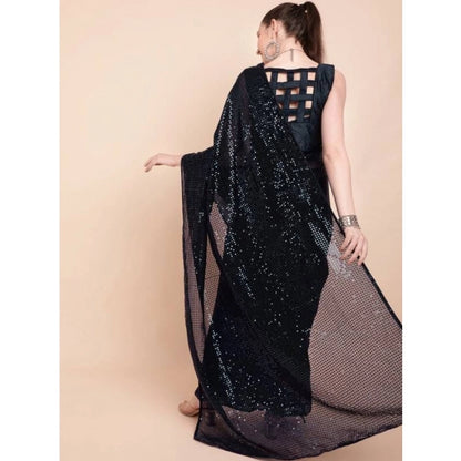 Generic Women's Georgette Embellished Sequnece Bollywood Saree With Unstitched Blouse 5.5Mtr (Black)