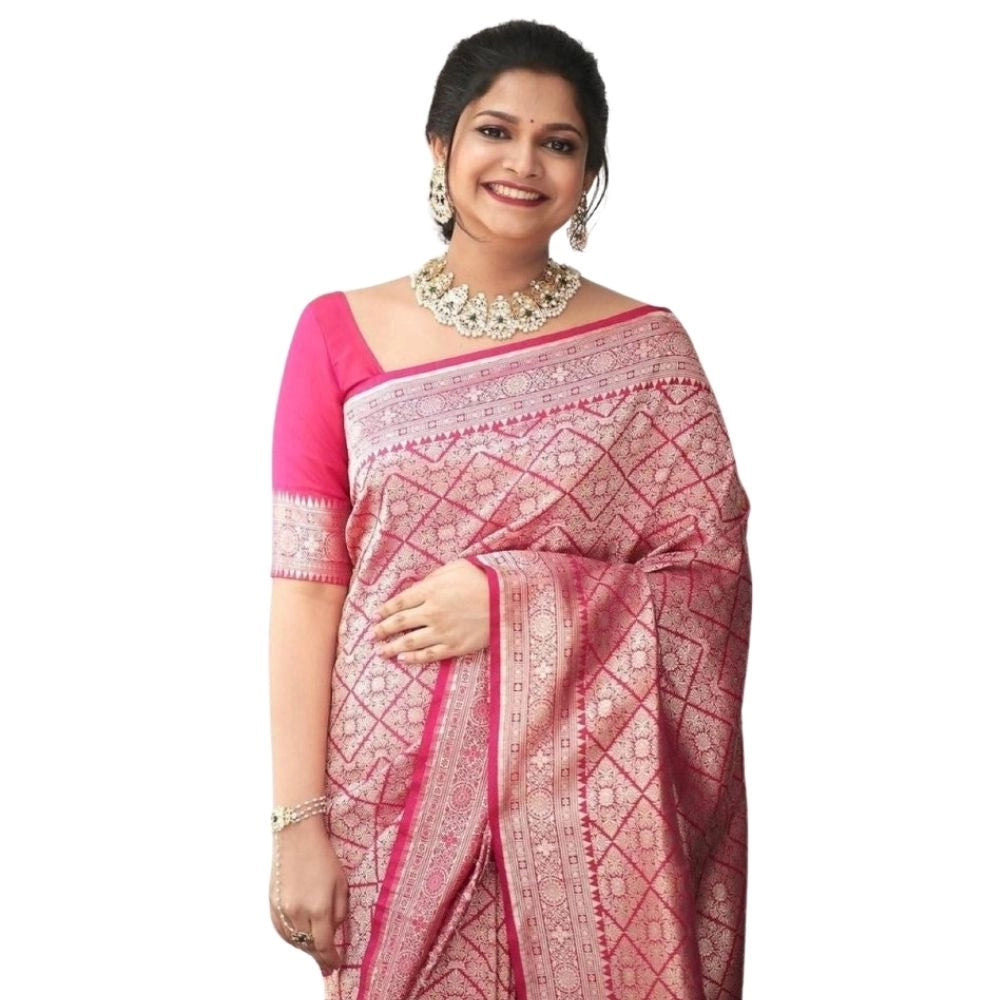Generic Women's Silk Printed Saree With Unstitched Blouse 5.5Mtr (Pink)