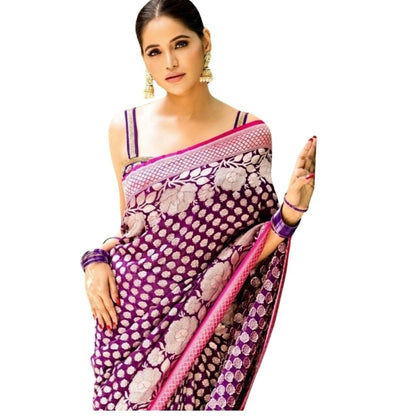 Generic Women's Silk Printed Saree With Unstitched Blouse 5.5Mtr (Purple)