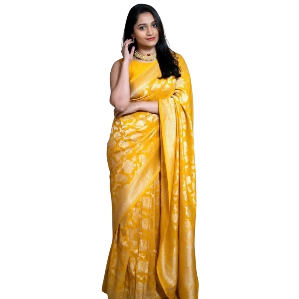 Generic Women's Silk Printed Saree With Unstitched Blouse 5.5Mtr (Yellow)