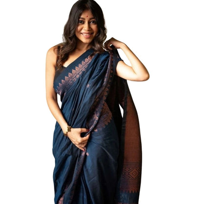Generic Women's Silk Printed Saree With Unstitched Blouse 5.5Mtr (Navy Blue)