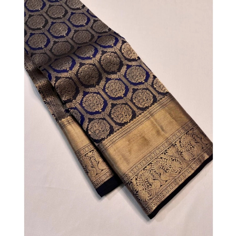 Generic Women's Silk Printed Saree With Unstitched Blouse 5.5Mtr (Navy Blue)