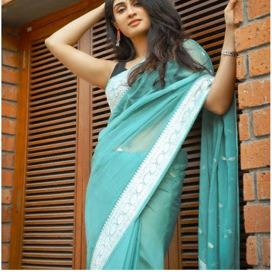 Generic Women's Cotton  Printed Saree With Unstitched Blouse 5.5Mtr (Sky Blue)